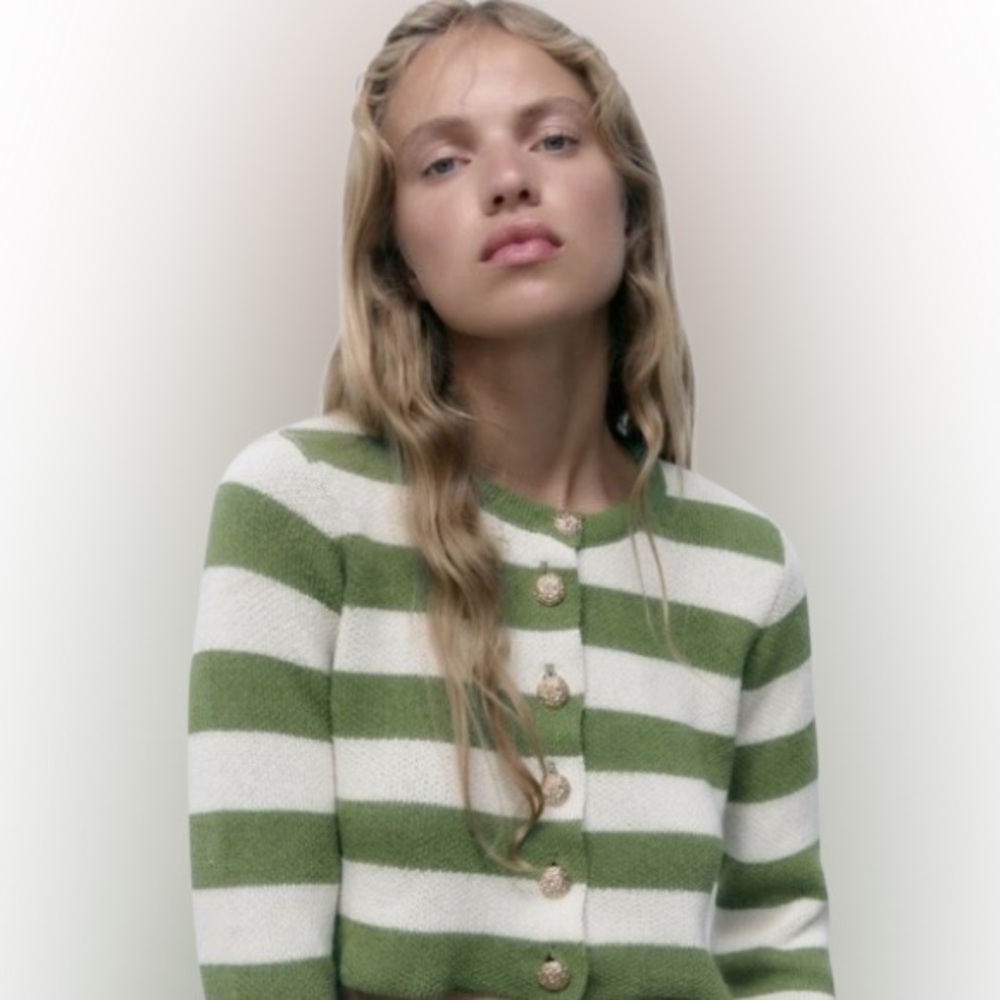 Zara Green and Cream Striped Cropped Cardigan with Gold Buttons